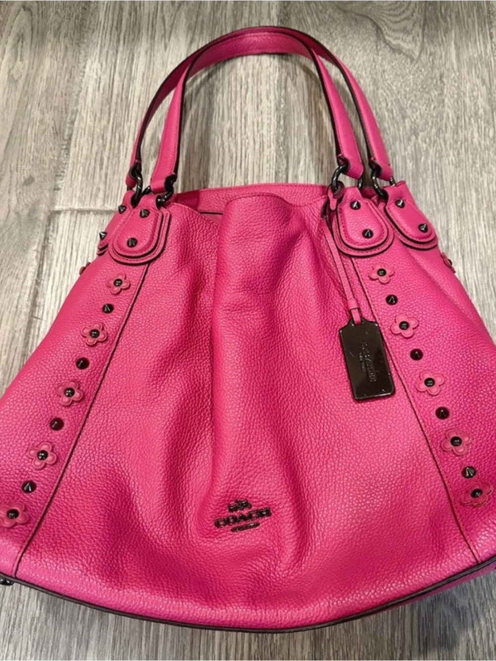 Coach Edie 31 Pebbled Leather Shoulder Tote in Bright Pink with Floral Studs